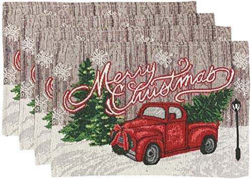 Set of 4, Red Truck with Christmas Tree, Snowflakes with Merry Christmas Decorative Tapestry Placemats for Holiday Season, Home Decoration Kitchen Dining Table, Easy to Clean Size: 13" x 19".