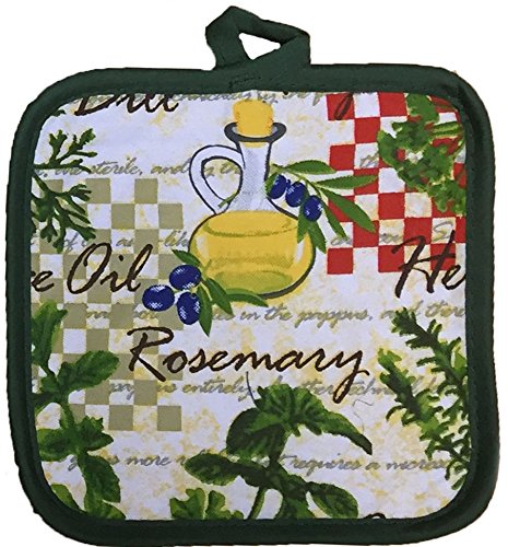 Herbes Collection Rosemary, Olive Oli, Oregano Design 100% Cotton Printed Kitchen Linen Set of 5, includes 2 Kitchen Towels, 2 Potholder, 1 Oven mitt Kitchen Décor for Cooking, Baking, Barbecue