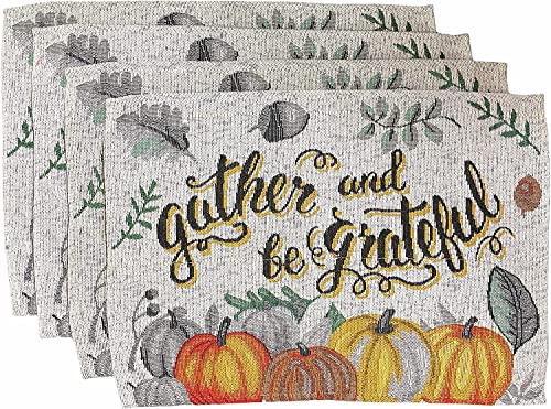 Set of 8, Gather and be Grateful with Pumpkin, Leaf Tapestry Kitchen Towel Set Includes 4 Placemat, 2 Kitchen Towels, 1 Pot Holder, 1 Oven Mitt.