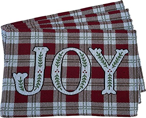 Set of 4, Red and White Checkered with Joy Holiday Christmas Tapestry Placemats