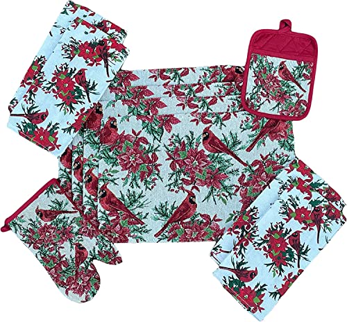 Set of 10, Red Cardinal Bird Holiday Season Christmas Design Tapestry Kitchen Towel Set, Include 4 Placemats, 4 Kitchen Towels, Pot Holder & Oven mitt.