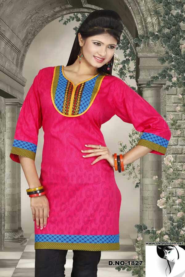 Tunic for Women V-Neck Embroidery, Multi Stripe Patchwork Yoke 3/4 Sleeves Long Kurti Kurta Tunic Top. Pink