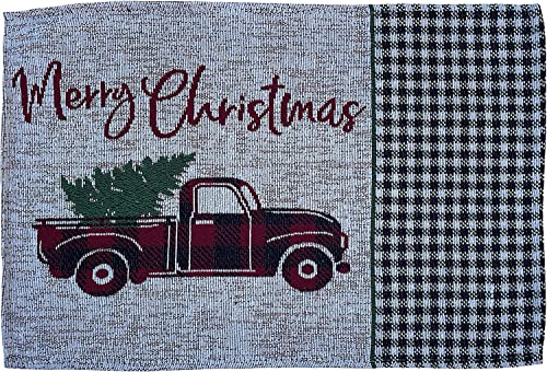 Set of 4, Red Truck with Christmas Tree with Merry Christmas and Plaid on Side,