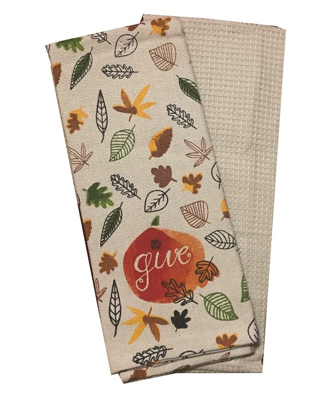 2 Pack, Fall Design with Leaf Sentiment Give 100% Cotton Kitchen Towels Size: 16 x 28 Inch.