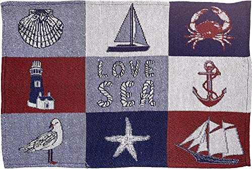 Set of 4, Anchor, Sail Boat, Seasheel, Star Fish Coastal Nautical Beach Theme Tapestry Placemats, Saying Love Sea, for Kitchen Dining Table Mats, Easy to Clean, Machine Washable. Size: 13" x 19".