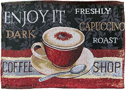 Set of 4, Coffee Design Tapestry Placemats Sentiment Enjoy it Dark, Freshly, Cap