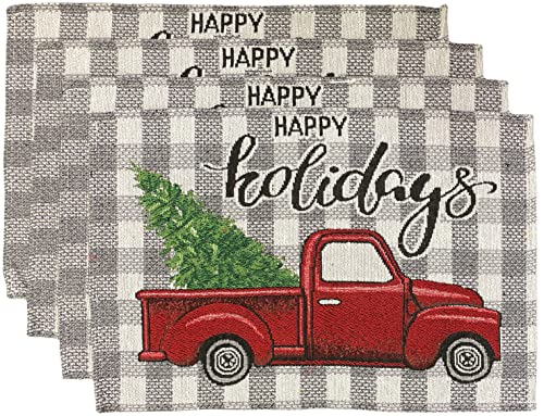 Set of 4, Black & White Plaid, Red Truck with Christmas Tree with Happy Holiday, for Holiday Season, Home Decoration Kitchen Dining Table, Perfect for Party or Gifts. Easy to Clean Size: 13" x 19".