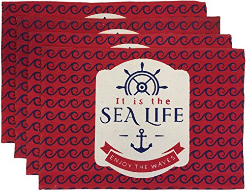 Set of 4, Nautical Anchor Wheel Design with It is The sea Life Enjoy The Waves Tapestry placemats for Dining Table, Table mat Size: 13 x 19 inch.