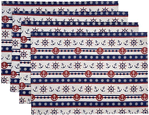 Set of 4, Coastal Nautical Helm Wheel & Anchor Design Tapestry Placemats for Kitchen Dining Table Mats, Easy to Clean, Machine Washable. Size: 13" x 19".