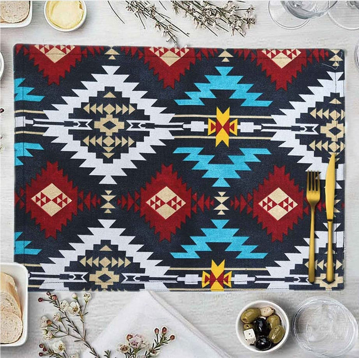 Set of 4, Multi Tribal Silver Style Reversible Placemats for Kitchen Dinning Tab