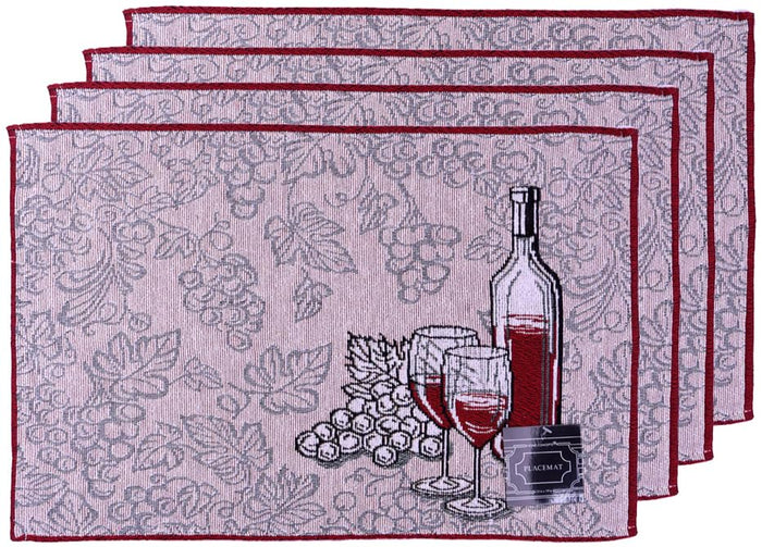 Set of 4, Red Wine, Glass and Grape Design Tapestry Placemats for Dining Table, Table mat for Dining Room Easy to Clean, Machine Washable Size: 13 x 19 inch.