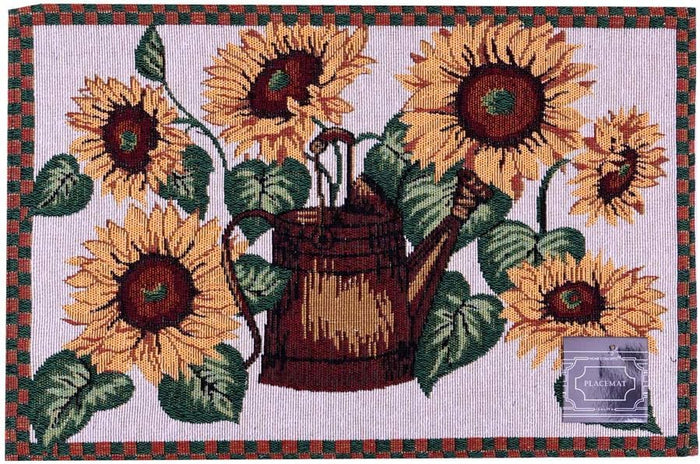 Set of 4 Sunflower with watering can design printed tapestry placemats for dining table, table mat for Kitchen table, spring and summer collection easy to clean, machine washable Size: 13 x 19 Inches.