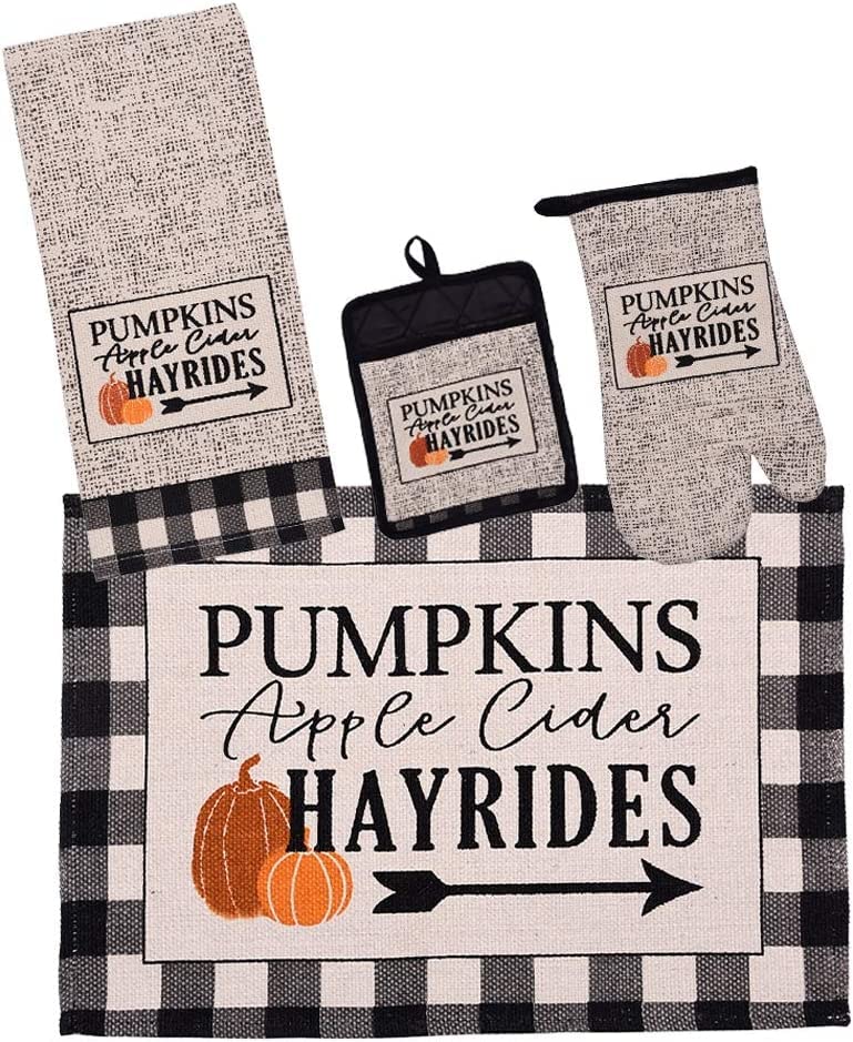 Set of 8, Pumpkins Apple Cider hayrides Farmhouse Design Kitchen Towel Set, Include 4 Placemats, 2 Kitchen Towels, Pot Holder & Oven mitt.