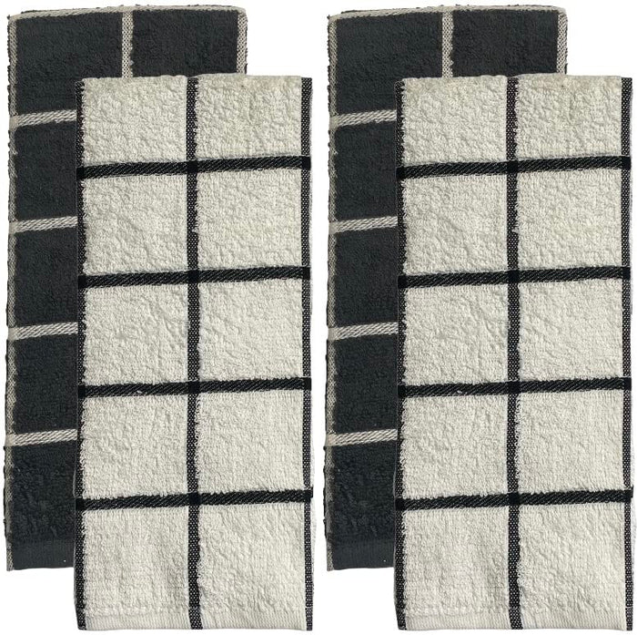 Set of 4, 100% Terry Weave Window Panel Kitchen Towels - 2 Black and 2 White Super Soft and Ultra Absorbent Size: 16” x 27”.