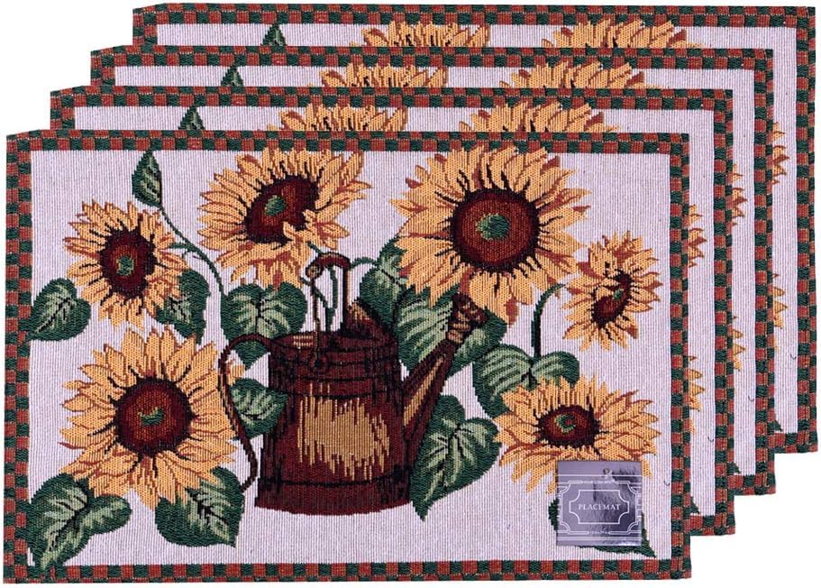 Set of 4 Sunflower with watering can design printed tapestry placemats for dining table, table mat for Kitchen table, spring and summer collection easy to clean, machine washable Size: 13 x 19 Inches.