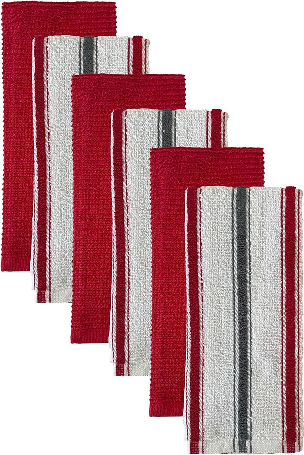 Premium Cotton Yarn Dyed Terry Kitchen Towels Dish Towels Set of 6, 3 Stripes and 3 Solid Kitchen Towels 425 GSM, Soft and Highly Absorbent, Machine Washable Size: 16 x 26 Inch.