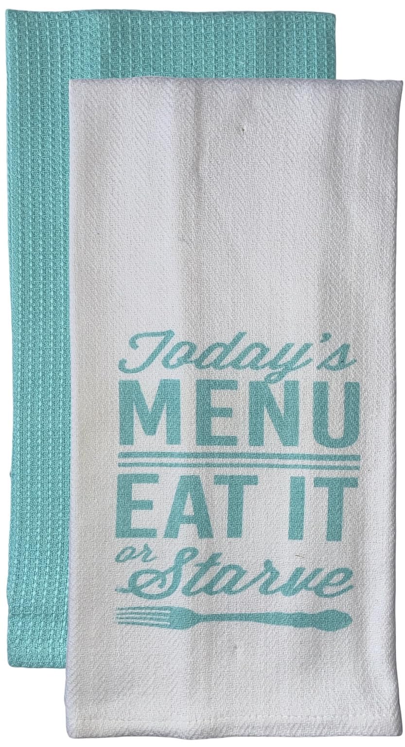 Set of 2, 100% Cotton White Herringbone Funny Kitchen Towels Today's Menu eat it or Starve Size: 16 X 28 Inch.