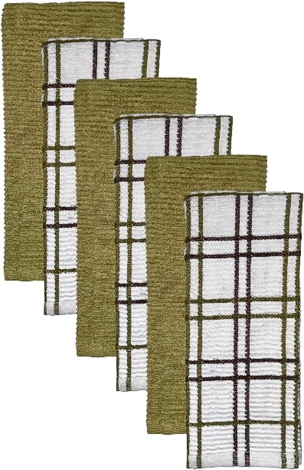 Premium Cotton Set of 6, 3 Windowpane Terry Kitchen Towels Dish Towels and 3 Solid Kitchen Towels 425 GSM, Soft and Highly Absorbent, Machine Washable Size: 16 x 26 Inch.