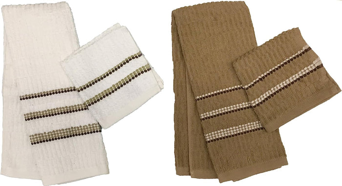 Set of 4, 100% Ribbed Terry Kitchen Towel 2 Hand Towel : 16 X 28 inch, 2 Washcloths : 12 x 12 inch, Soft and Ultra-Absorbent.