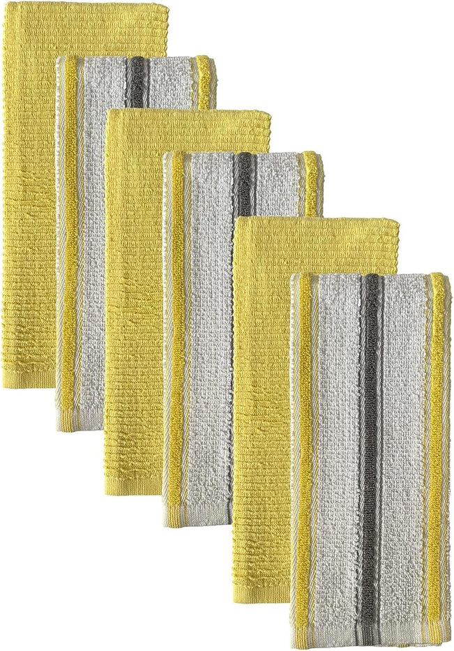 Premium Cotton Yarn Dyed Terry Kitchen Towels Dish Towels Set of 6, 3 Stripes and 3 Solid Kitchen Towels 425 GSM, Soft and Highly Absorbent, Machine Washable Size: 16 x 26 Inch.