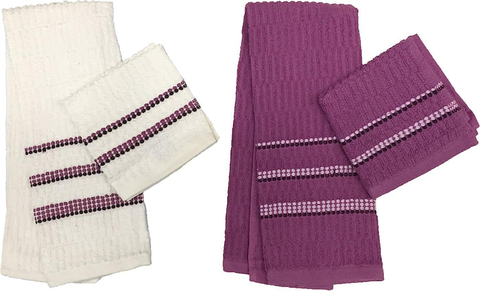 Set of 4, 100% Ribbed Terry Kitchen Towel 2 Hand Towel : 16 X 28 inch, 2 Washcloths : 12 x 12 inch, Soft and Ultra-Absorbent.