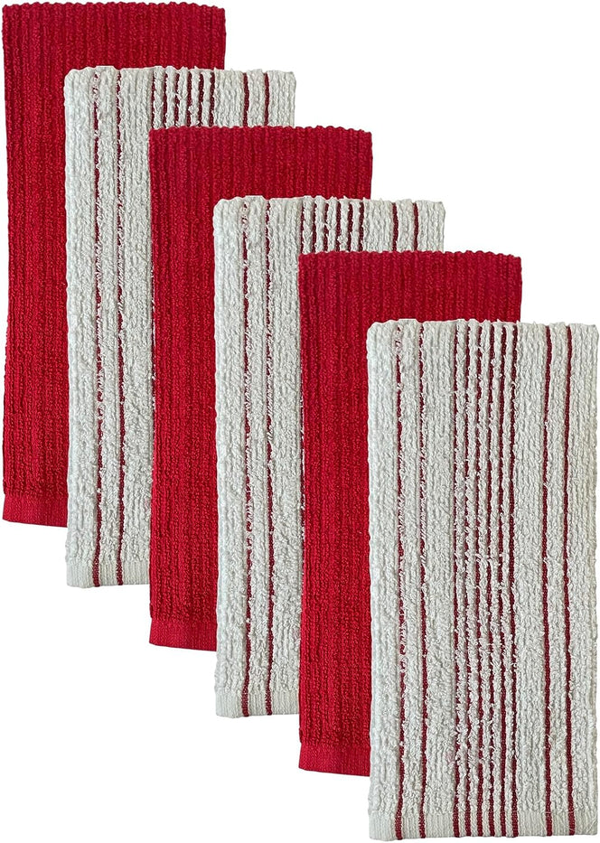 Premium Cotton Kitchen Towels Dish Towels Set of 6, 3 Vertical Stripe and 3 Solid Kitchen Towels 425 GSM, Soft and Highly Absorbent, Machine Washable Size: 16 x 26 Inch.