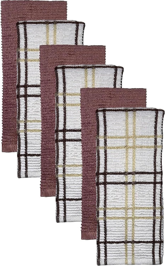 Premium Cotton Set of 6, 3 Windowpane Terry Kitchen Towels Dish Towels and 3 Solid Kitchen Towels 425 GSM, Soft and Highly Absorbent, Machine Washable Size: 16 x 26 Inch.