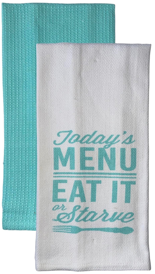 Set of 2, 100% Cotton White Herringbone Funny Kitchen Towels Today's Menu eat it or Starve Size: 16 X 28 Inch.