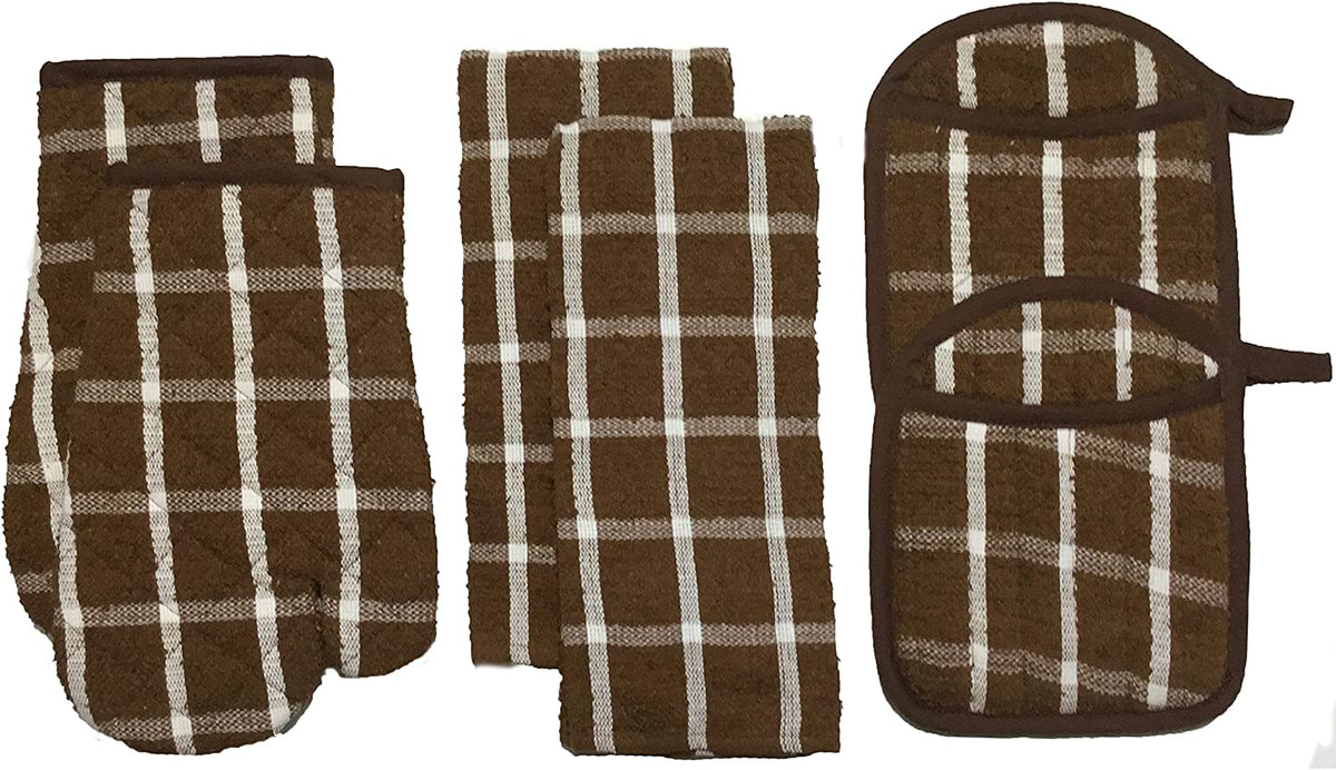 Set of 6 Checkered Design Linen Material Kitchen Set Ultra Absorbent 2 Kitchen Towel, 2 Oven Mitt, 2 Pot Holder. (Blue)