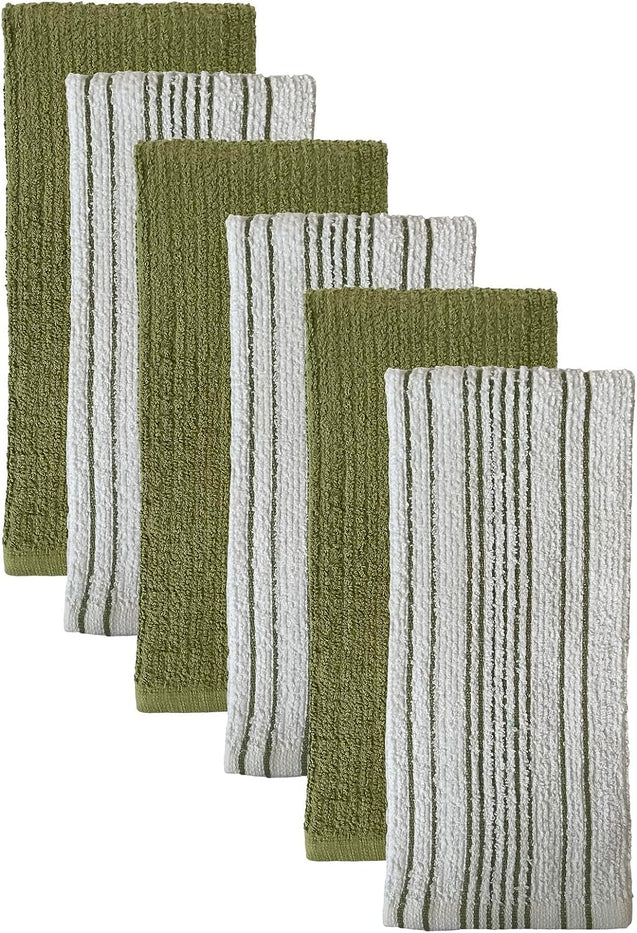 Premium Cotton Kitchen Towels Dish Towels Set of 6, 3 Vertical Stripe and 3 Solid Kitchen Towels 425 GSM, Soft and Highly Absorbent, Machine Washable Size: 16 x 26 Inch.