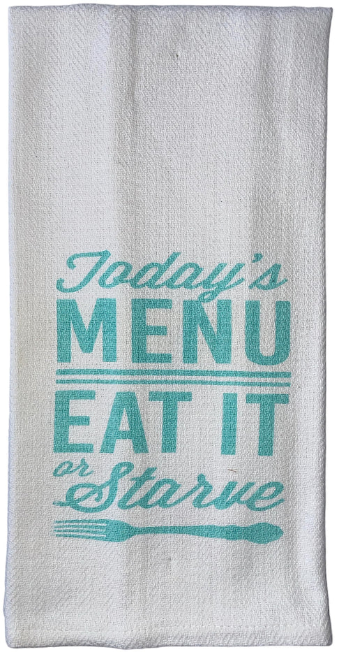 Set of 2, 100% Cotton White Herringbone Funny Kitchen Towels Today's Menu eat it or Starve Size: 16 X 28 Inch.