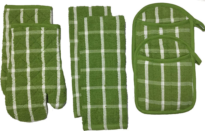 Set of 6 Checkered Design Linen Material Kitchen Set Ultra Absorbent 2 Kitchen Towel, 2 Oven Mitt, 2 Pot Holder. (Blue)