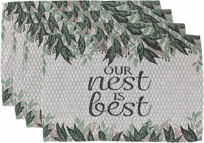 Set of 4, Decorative Leaf Quote - Our Nest is Best Tapestry Placemats for Kitchen Dining Table Mats, Easy to Clean, Machine Washable. Size: 13" x 19".