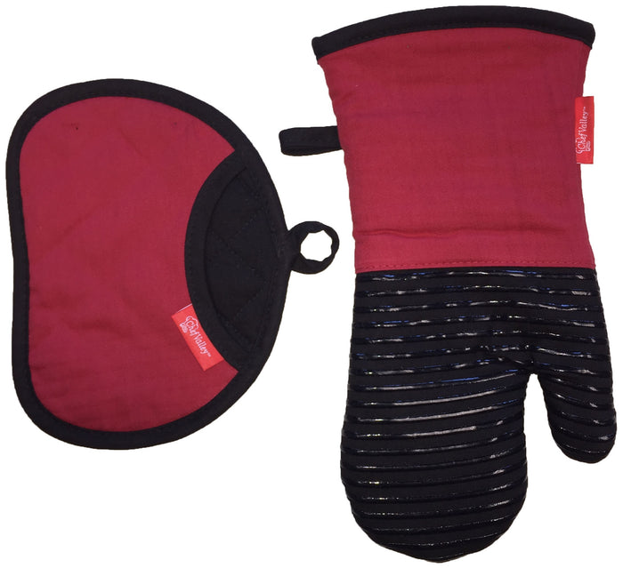 2 Pcs, 100% Cotton and Silicone Oven Mitt and Pot Holder Kitchen Sets Heat Resis