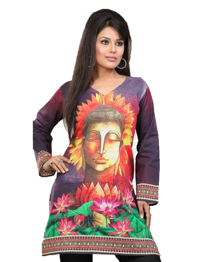 Tunic for Women 100% Cotton Digital Printed V-Neck Short Kurti Kurta Long Sleeves Tunic Top - 1089-L