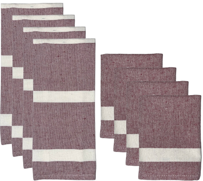 Set of 8, 100% Cotton 4 Ultra Absorbent Maroon Kitchen Towels with Sonoma Stripes with Hanging Loops Size: 15 x 25 inch and 4 Dishcloths for Drying & Wiping Dishes Size: 12 x 12 Inch.