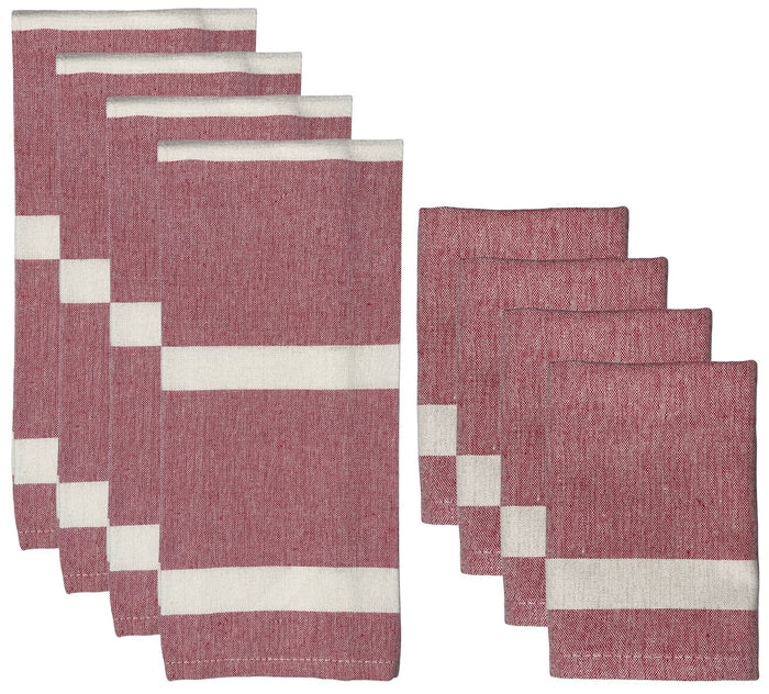 Set of 8, 100% Cotton 4 Ultra Absorbent Maroon Kitchen Towels with Sonoma Stripes with Hanging Loops Size: 15 x 25 inch and 4 Dishcloths for Drying & Wiping Dishes Size: 12 x 12 Inch.