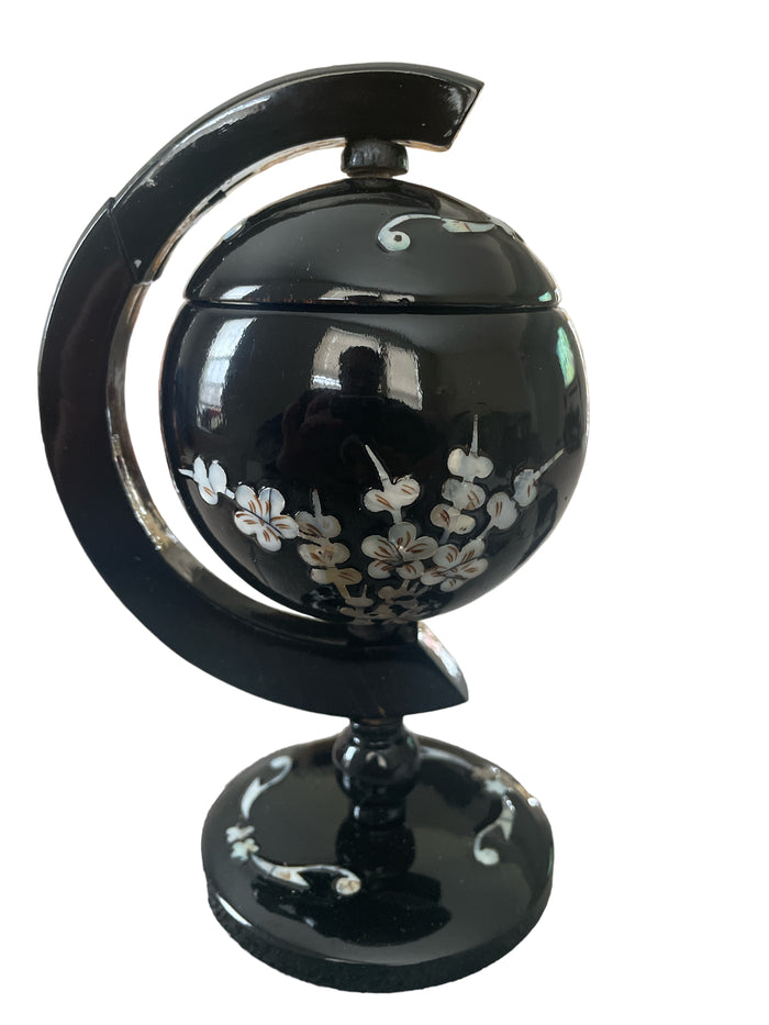 Mid Century Vintage Black Lacquer Asian Style Wooden Globe Ashtray, Shell Inlay