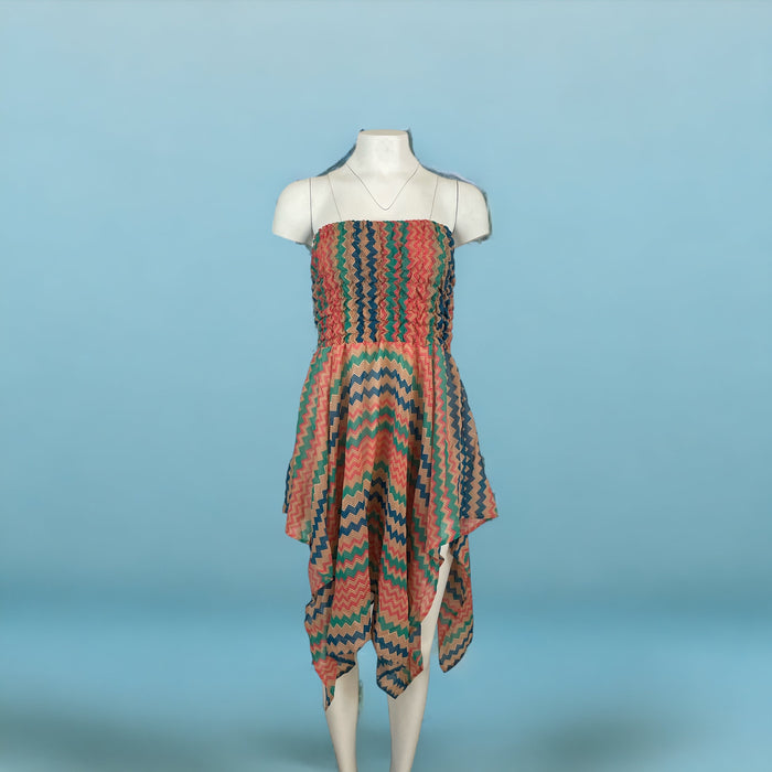 Women Summer Zigzag Print Short Spaghetti Stripes Ruffled Dress.