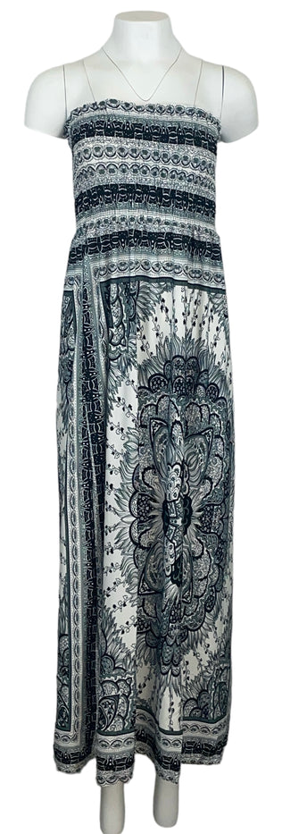 Women Summer dress Black and Grey Print Spaghetti Strapless Long Maxi Dress.