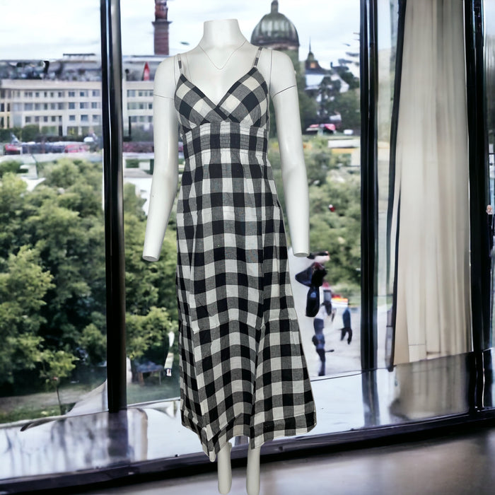Women Summer Dress Gingham Plaid Spaghetti Strap Padded Bra Thin Stripes Long Maxi