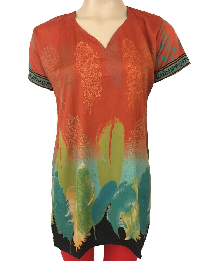 Indian Style Printed Kurtis for Women Short Crepe Kurti V-Neck, Short Sleeves Tunic Top Blouse. 3010-SS