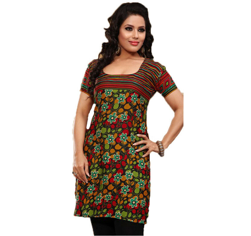 Indian Style Printed Kurtis for Women Short Crepe Kurti Round Neck, Short Sleeves Tunic Top Blouse. 1910-SS