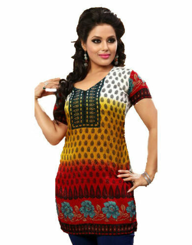 Indian Style Printed Kurtis for Women Short Crepe Kurti V-Neck, Short Sleeves Tunic Top Blouse. 1902-SS