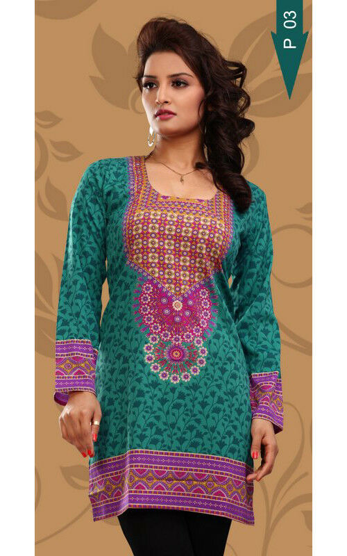 Tunic for Women Short Printed Kurtis Long Sleeves Crepe Kurti Kurta Tops - Mixed