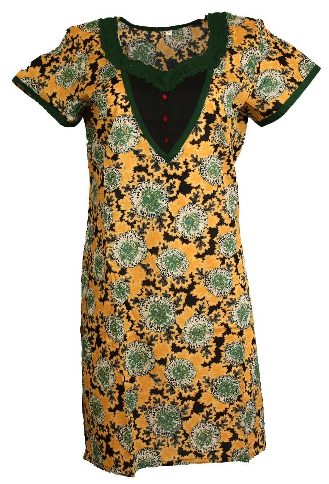 100% Cotton Short Sleeves Yellow with Floral Round Neck Kurti / Tunic /Top.