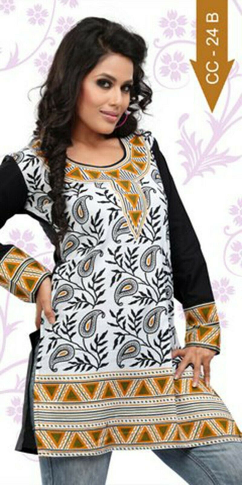 Women’s Printed Long Sleeves 100% Cotton Kurti Tunic tops – 1919-LB