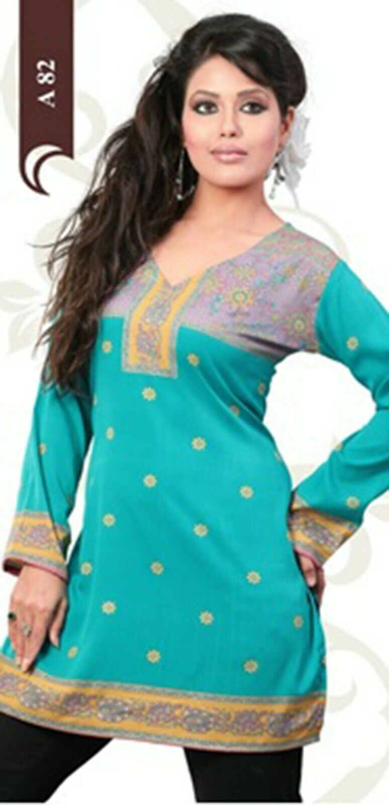 Women’s Printed Long Sleeves Crepe Kurti Tunic tops with Gold Foil - 1031-L