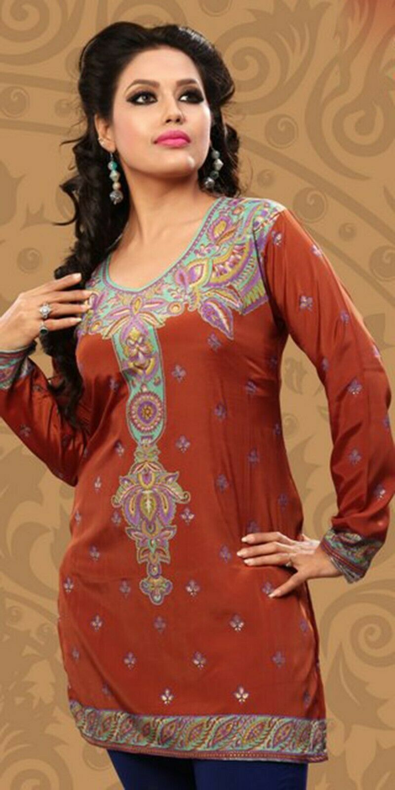 Women’s Printed Long Sleeves Crepe Kurti Tunic tops with Gold Foil - 1903-L