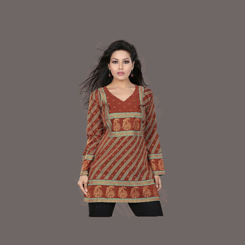 Women’s Printed Long Sleeves Crape Kurti Tunic tops with Gold Foil - 1007-L